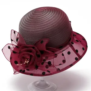 Elegant wine red sun hat for women featuring wide mesh brim and large floral organza detail