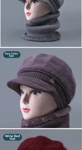 Close-up of winter knit beanie and scarf set with thick fleece lining in various colors