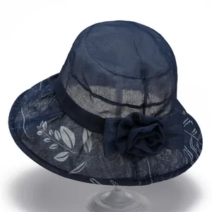 Women Sun Hat Elegant Floral Breathable Mesh Wide Brim Bucket Hat For Elderly Mothers Summer UV Protection Foldable Cap