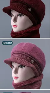 Macro detail of elderly women's knit winter hat and scarf set with thick fleece lining