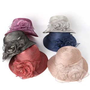 Elegant organza sun hats with large flower decor in six colors for summer weddings