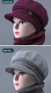 Detail view of winter knitted ear-flapped hat and scarf set with plush fur texture