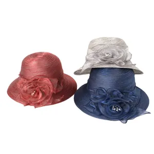 Elegant organza sun hats for women with large floral ornaments and pearl accents
