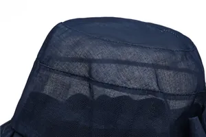 Detailed close-up of breathable navy blue mesh fabric and top stitching on the summer sun hat