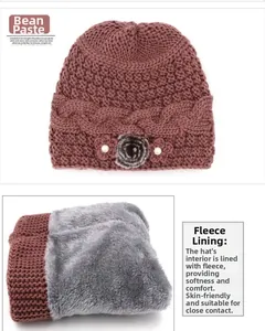 Detail view of winter knitted hat with thick fleece lining and floral pearl accent