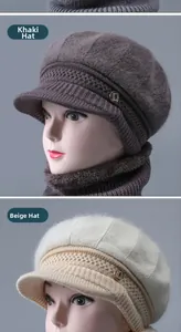 Detail of knitted winter hat and scarf set with fur lining in khaki and beige colors