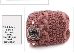 Close-up of thick pink knit hat featuring honeycomb patterns and floral pearl accents