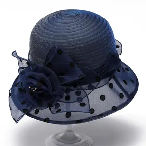 Elegant Women Floral Organza Sun Hat Wide Brim Polka Dot Mesh Bucket Hat For Summer Beach Party Wedding UV Protection Hat