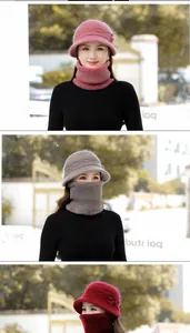 Detailed knit texture and floral accent on thick winter rabbit fur hat and neck warmer set