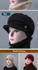 Winter knit hat and scarf set with thick plush lining for elderly women in three colors
