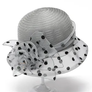 Elegant silver grey sun hat for women with organza floral accent and polka dot patterns