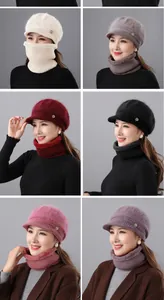 Detail of warm knitted winter hat and neck warmer set for elderly women in multiple colors