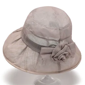 Lightweight breathable sun hat for elderly women with wide brim and floral ornament