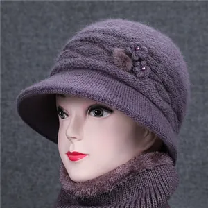 Women Winter Rabbit Hair Knit Bucket Hat And Scarf Neck Warmer Thickened Fleece Lining Warm Flower Pearl Elegant Hat