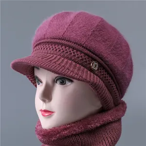 Women Winter Knitted Hat And Scarf Set Rabbit Hair Thick Fleece Lined Warm Peaked Cap Ear Protection Beret For Mothers