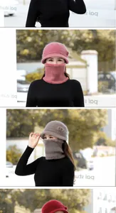 Close-up showing the soft fleece lining and knitted texture of winter hat and scarf set