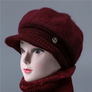 Winter warm knitted burgundy hat and scarf set for elderly women with plush lining