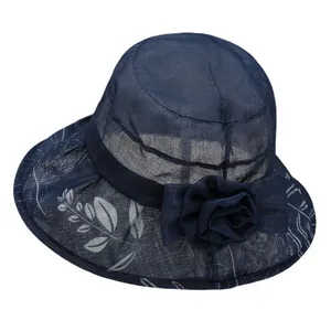 Women's summer navy blue breathable mesh sun hat with elegant floral decoration