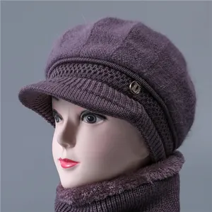 Winter knitted hat and neck gaiter set for elderly women with warm fleece lining in purple