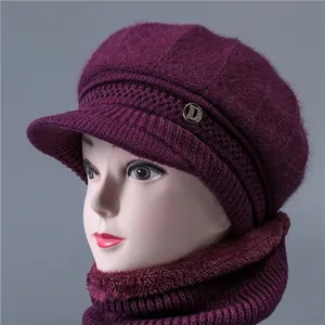 Elderly women's warm purple knitted beanie with brim and thick fleece lining set
