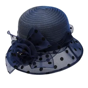 Navy blue organza sun hat for women featuring elegant mesh flower and polka dot pattern