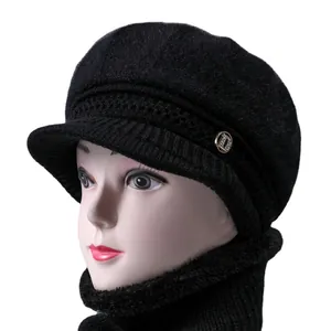 Warm black knitted newsboy cap and neck warmer set for elderly women with metal D detail