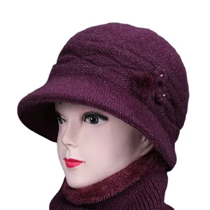 Winter knit hat and neck warmer set for women in purple with faux pearl flower decor