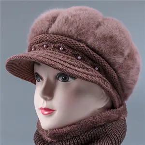 Winter knit hat and scarf set with fur lining and pearl accents for elderly women