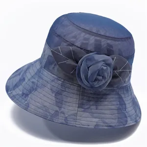 Navy blue breathable ice silk sun hat with floral brim and elegant rose decoration