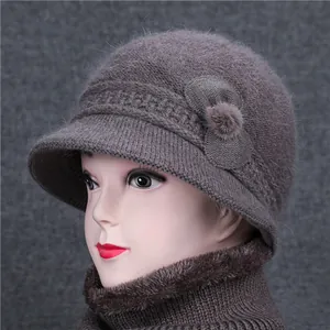 Winter knitted hat and neck warmer set for women with floral decor and plush lining