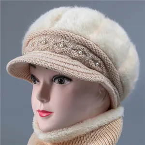 Winter knitted hat and scarf set with rabbit fur and pearls for elderly women in beige