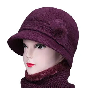 Women's winter knit beanie hat and scarf set with floral accents in dark purple