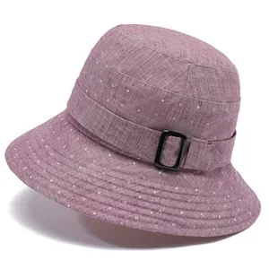 Elderly women's purple polka dot sun hat with breathable fabric and side buckle