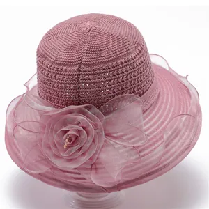 Elegant purple organza sun hat with crochet texture and floral pearl detail for women