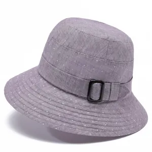 Light purple cotton-linen sun hat for elderly women with white polka dots and square buckle