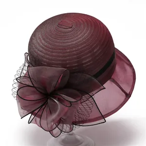 Women Elegant Organza Sun Hat Vintage Floral Church Derby Dress Hat Wide Brim Breathable Foldable Wedding Party Headwear
