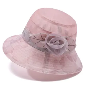 Pink ice silk sun hat for women featuring elegant floral patterns and mesh detail