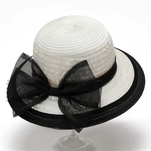 Élégant Chapeau de Soleil en Organza pour Femme Floral Large Bord Nœud Mariage Fête Église Derby Protection UV Été Plage Dentelle