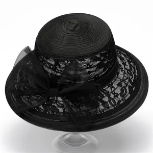 Chapeau de soleil élégant en organza noir pour femme avec dentelle florale et grand nœud