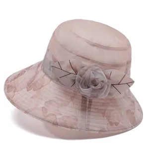 Women Elegant Floral Organza Sun Hat Wide Brim Breathable Mesh Bucket Hat Summer Outdoor Travel Beach Sunshade Cap For Ladies