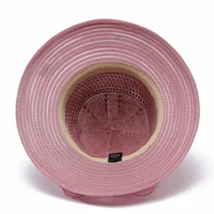 Detail view of pink organza sun hat showing internal sweatband and fine woven texture