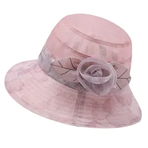 Women's pink ice silk sun hat with floral organza design and wide brim for UV protection