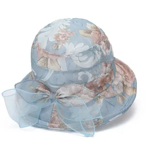 Elegant Women Floral Organza Sun Hat Wide Brim Foldable Breathable Bucket Hat With Large Bow For Summer Travel Beach Outdoor