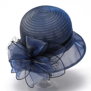 Elegant navy blue organza sun hat with large floral decoration and black mesh veil
