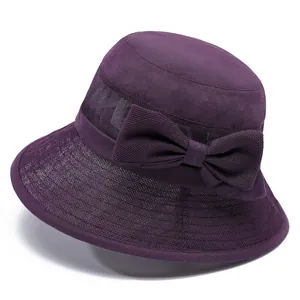 Women's purple sun hat with breathable mesh and decorative bow for outdoor sun protection