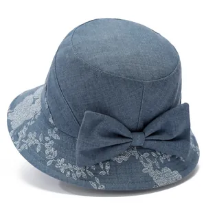Women Cotton Sun Hat With Bow Floral Print Breathable Foldable Wide Brim Bucket Hat For Middle-Aged Elderly Ladies