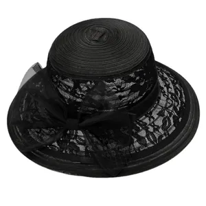 Chapeau de soleil noir élégant avec grand nœud en résille et dentelle pour cérémonies