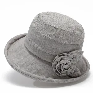 Elegant grey breathable sun hat for elderly women with lace floral embroidery and fabric flower