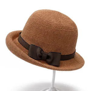 Women Elegant Straw Woven Cloche Hat With Bow Ribbon Sun Protection Breathable Sun Hat For Seniors Summer Travel Casual Hat