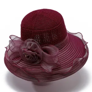 Elegant wine red organza sun hat with breathable crochet crown and large floral decoration